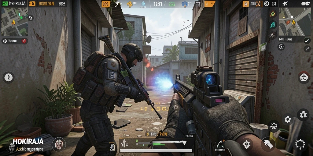 Screenshot menunjukkan aksi seru dalam gameplay FPS HOKIRAJA.