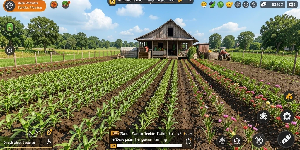 Screenshot permainan <strong>IDRRP</strong> yang menunjukkan kebun yang subur dan tanaman yang beragam.