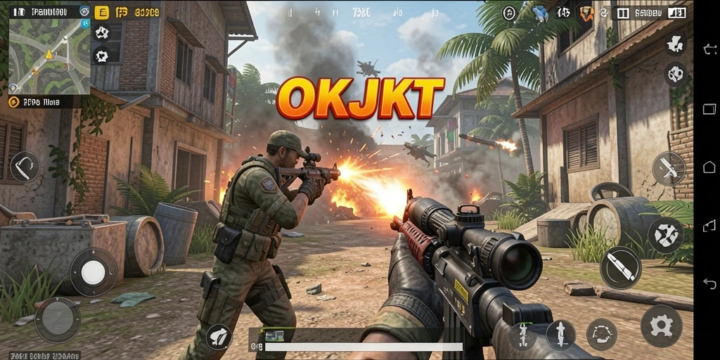 Tampilan gameplay seru dari OKJKT di medan perang yang mendebarkan.
