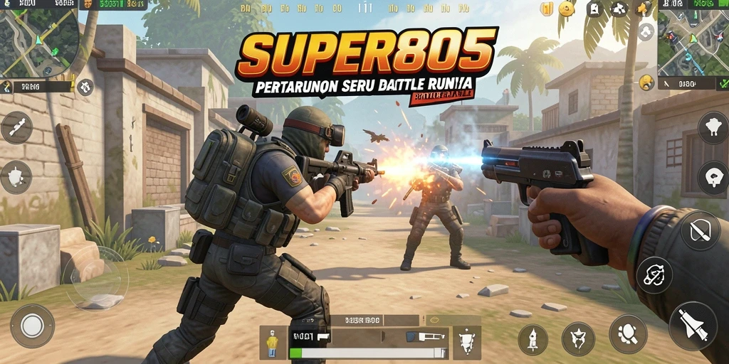 Tangkapan layar utama SUPER805 menampilkan aksi pertempuran seru Battle Royale.
